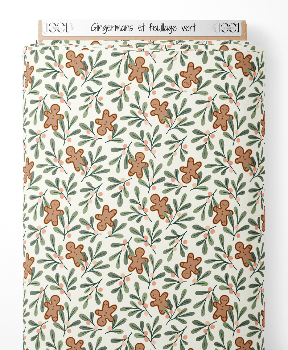Tissu - Gingermans et feuillage vert