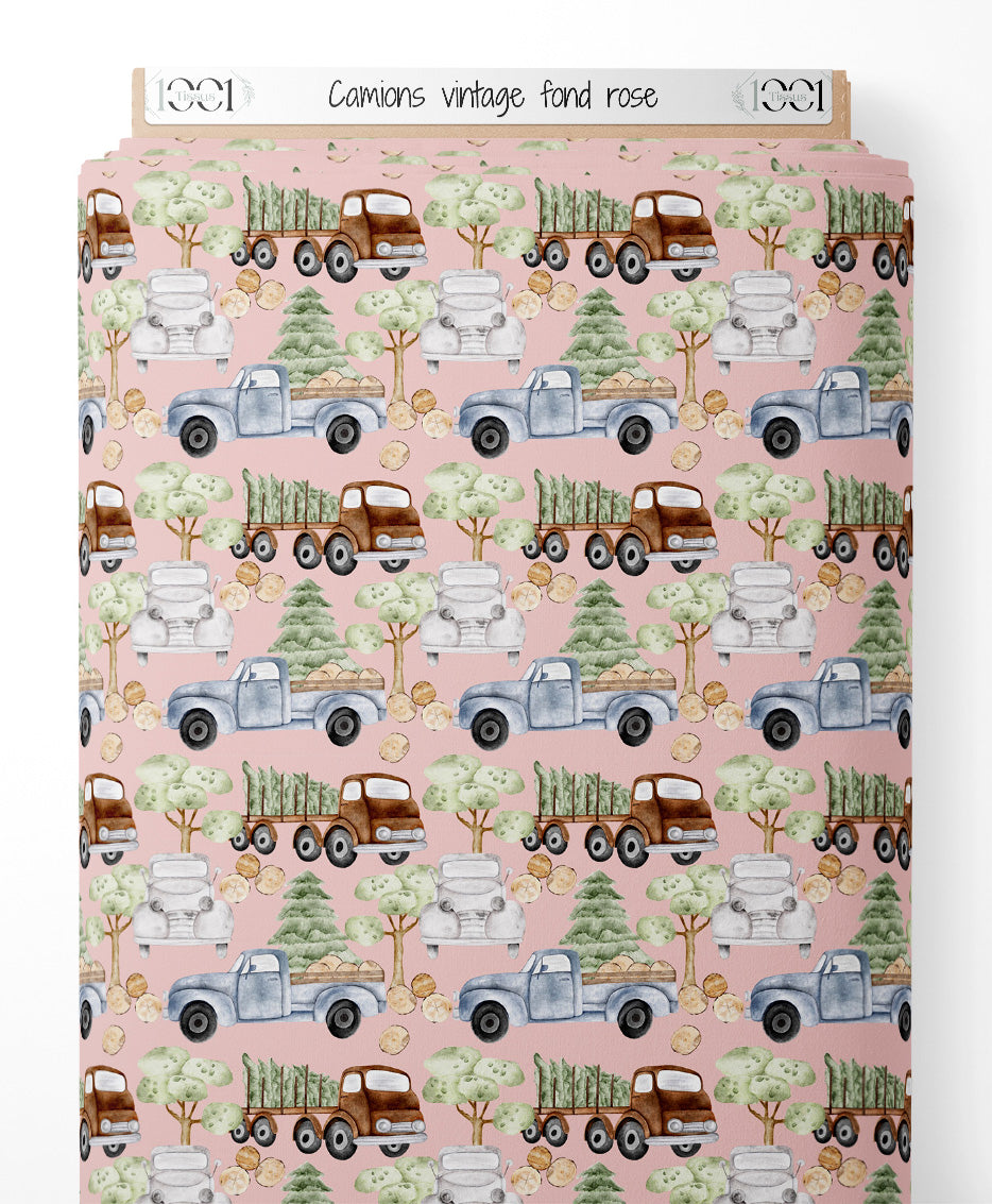Tissu - Camions vintage sur fond rose