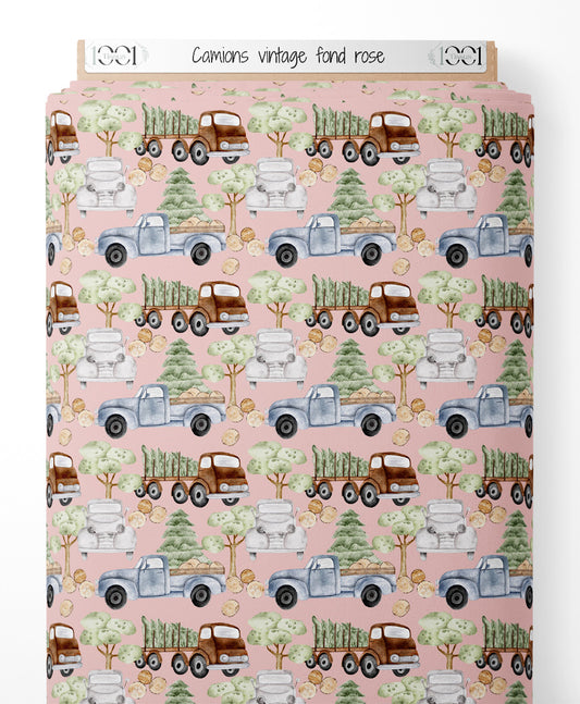 Tissu - Camions vintage sur fond rose