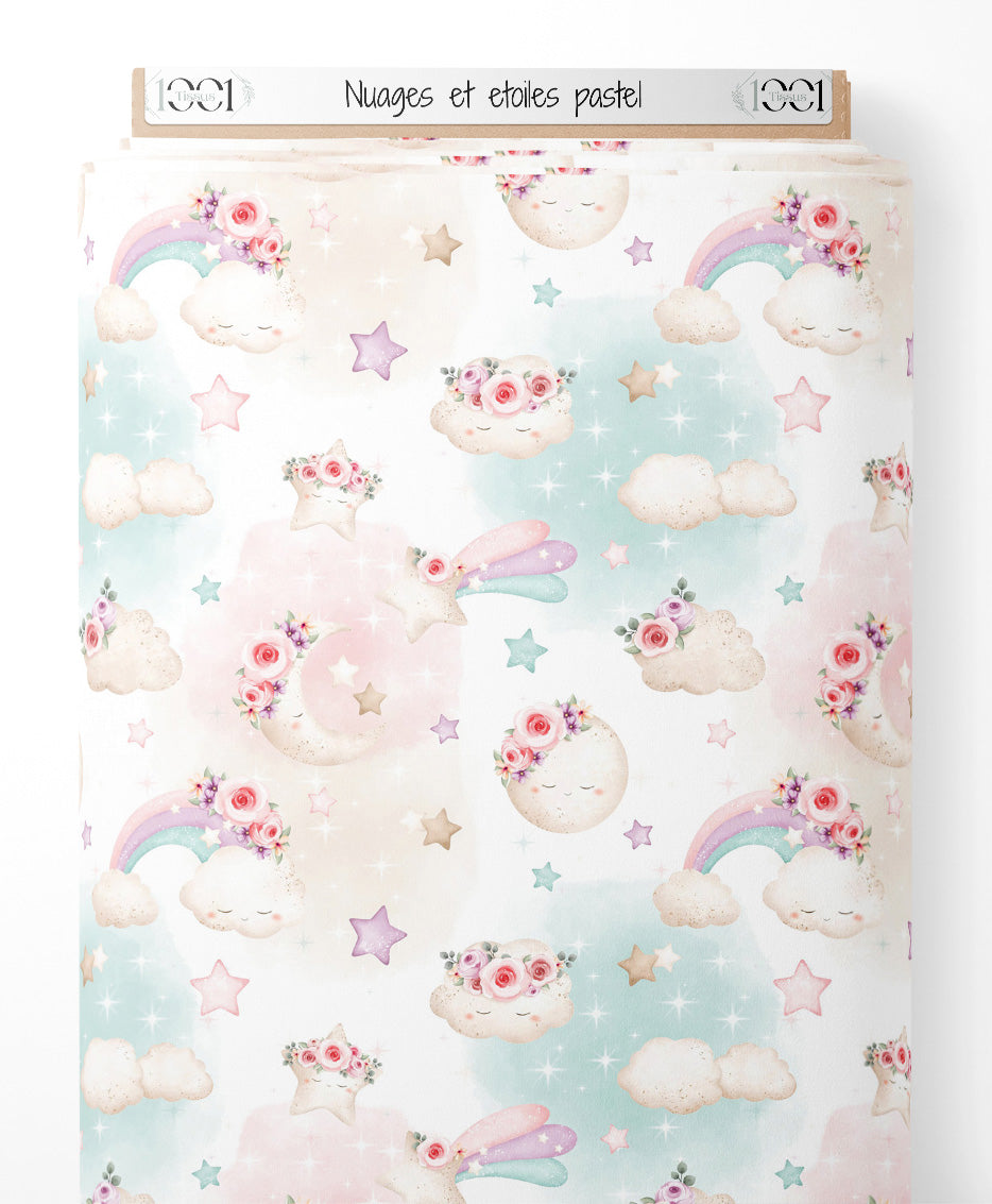Tissu - Nuages et étoiles pastel