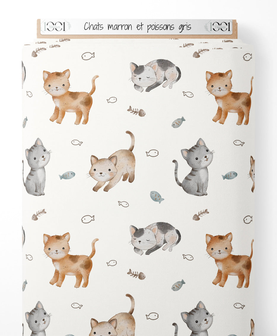 Tissu - Chats marron et poissons gris