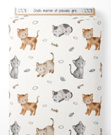 Tissu - Chats marron et poissons gris
