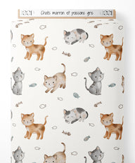 Tissu - Chats marron et poissons gris
