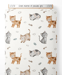 Tissu - Chats marron et poissons gris