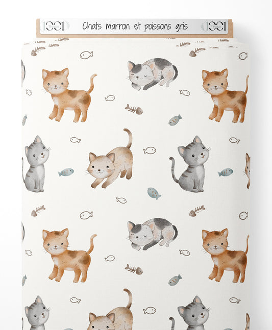 Tissu - Chats marron et poissons gris
