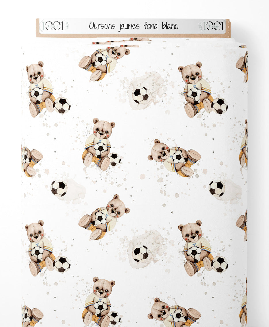 Tissu - Oursons jaunes sur fond blanc