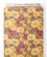 Tissu - Fleurs jaunes et violettes marron