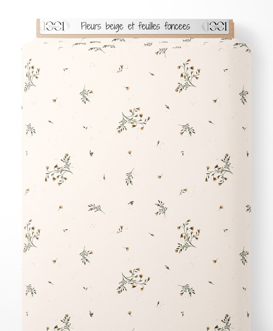 Tissu - Fleurs beige et feuilles foncées