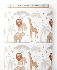 Tissu - Animaux et arbres sur blanc