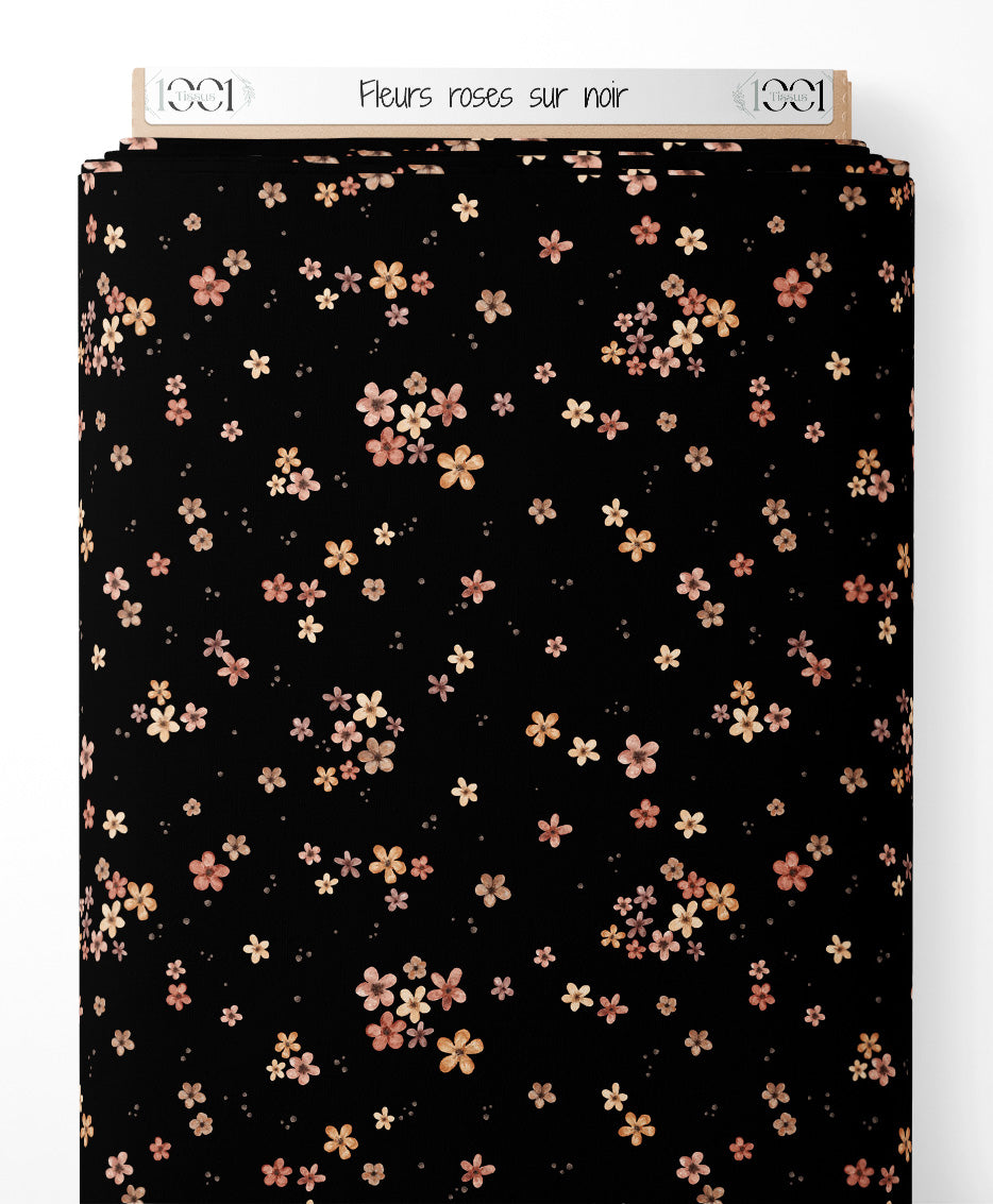 Tissu - Fleurs roses sur noir