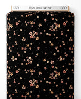 Tissu - Fleurs roses sur noir