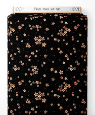 Tissu - Fleurs roses sur noir