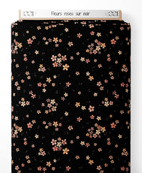 Tissu - Fleurs roses sur noir