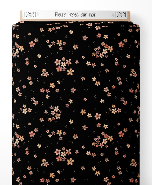 Tissu - Fleurs roses sur noir