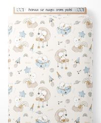 Tissu - Animaux sur nuages crème pastel