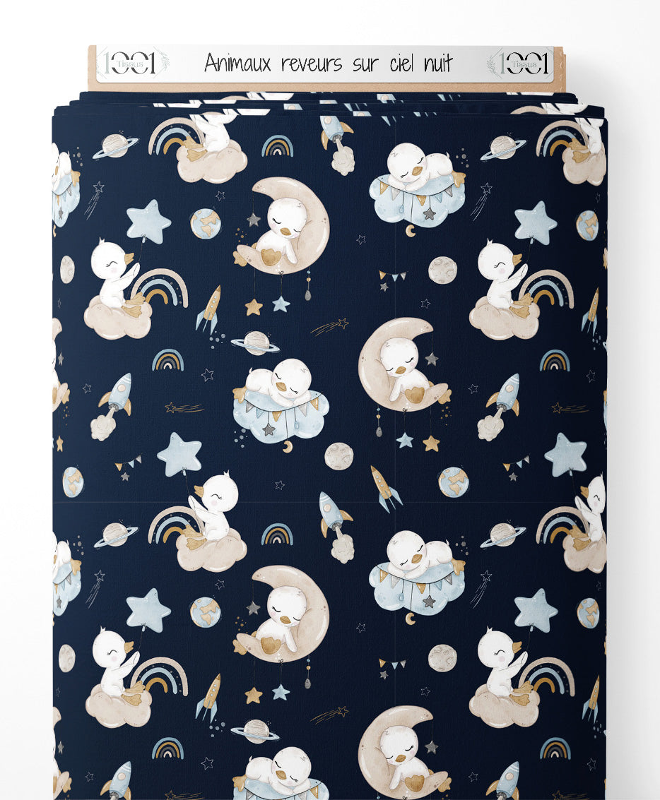 Tissu - Animaux rêveurs sur ciel nuit
