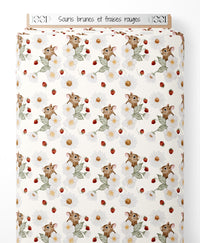 Tissu - Souris brunes et fraises rouges