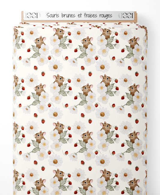 Tissu - Souris brunes et fraises rouges