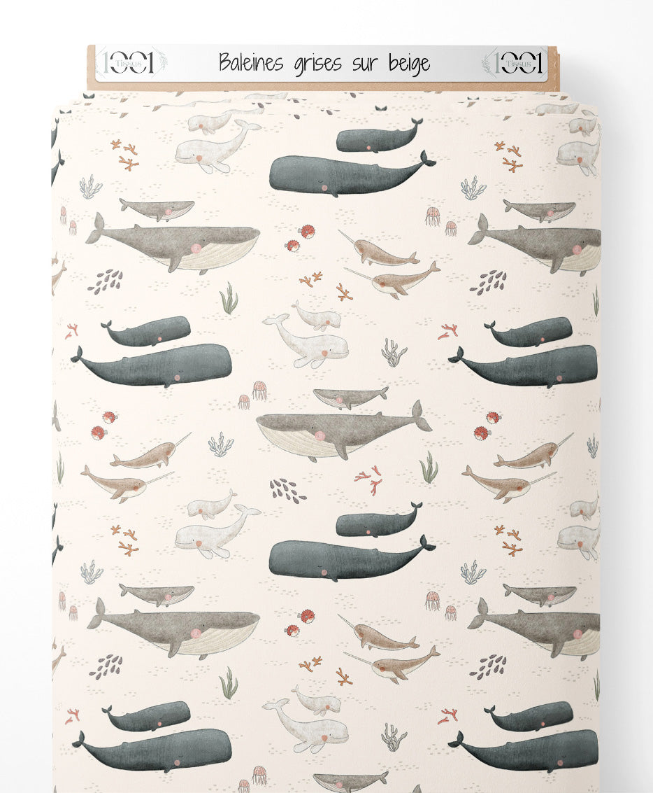 Tissu - Baleines grises sur beige