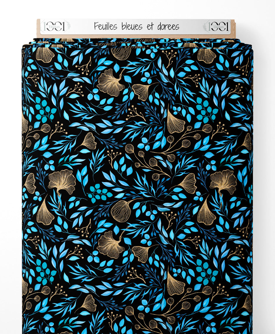Tissu - Feuilles bleues et dorées