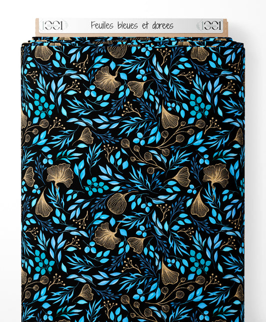 Tissu - Feuilles bleues et dorées