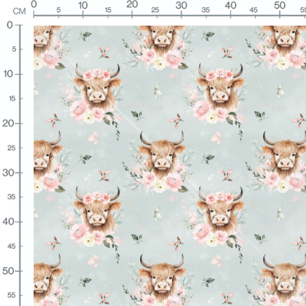 Tissu - Vaches fleuries sur bleu clair