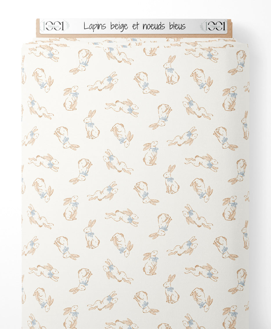 Tissu - Lapins beige et nœuds bleus