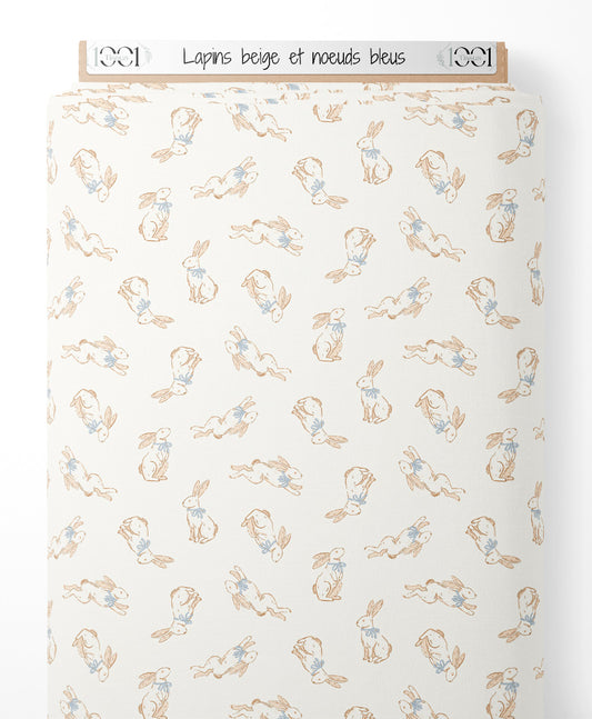 Tissu - Lapins beige et nœuds bleus