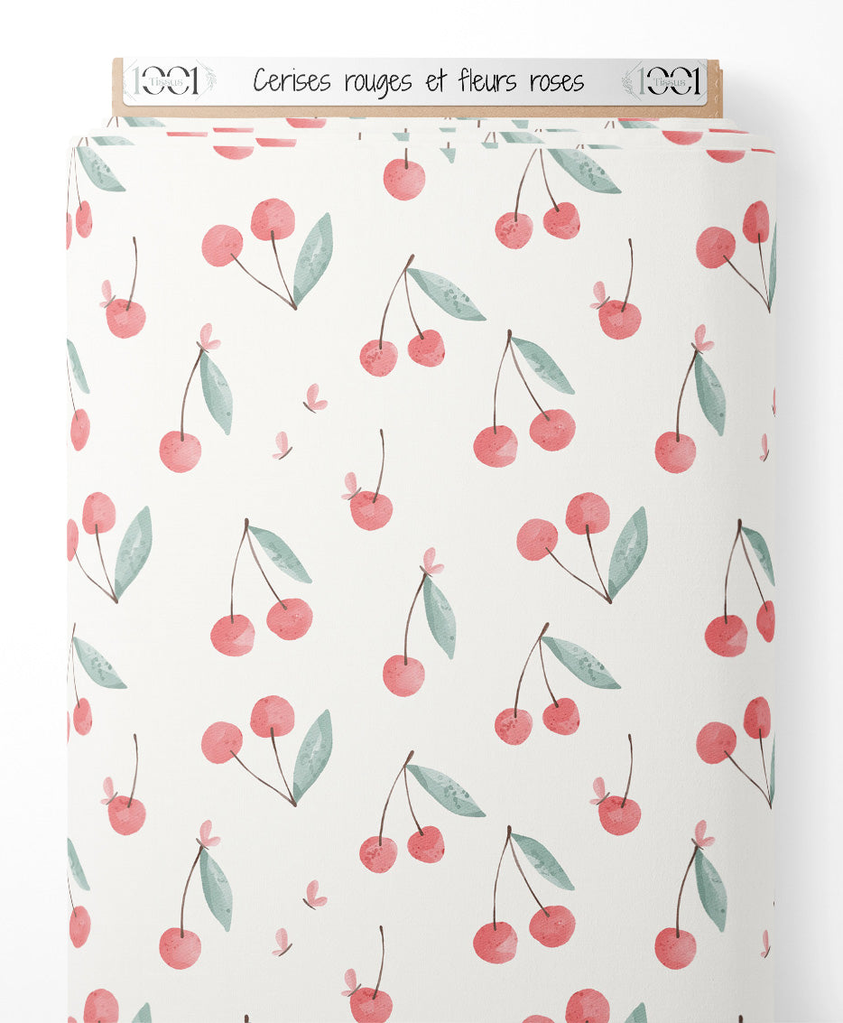 Tissu - Cerises rouges et fleurs roses