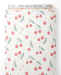 Tissu - Cerises rouges et fleurs roses