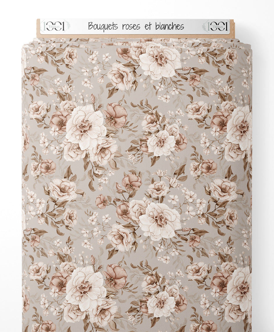 Tissu - Bouquets roses et blanches