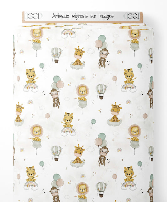 Tissu - Animaux mignons sur nuages
