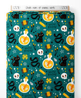 Tissu - Chats noirs et crânes verts