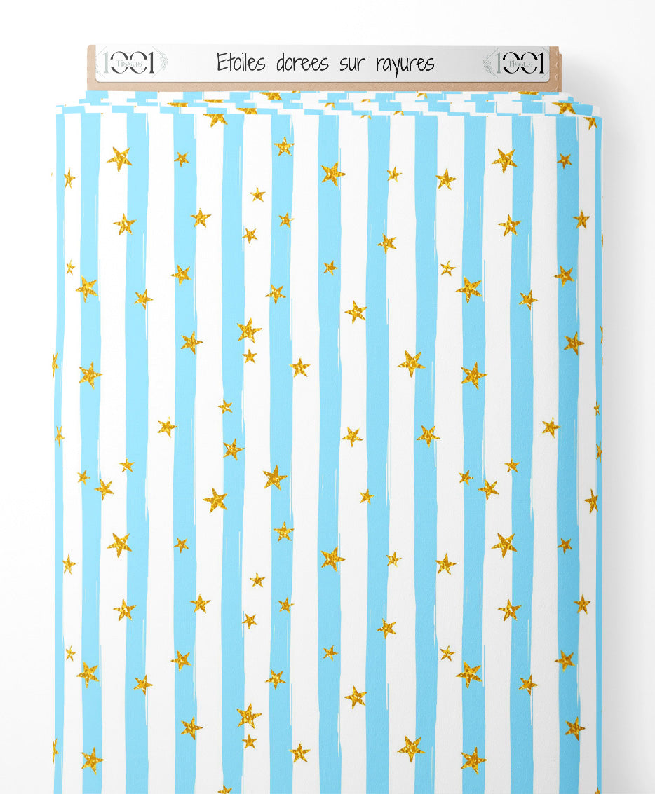 Tissu - Étoiles dorées sur rayures