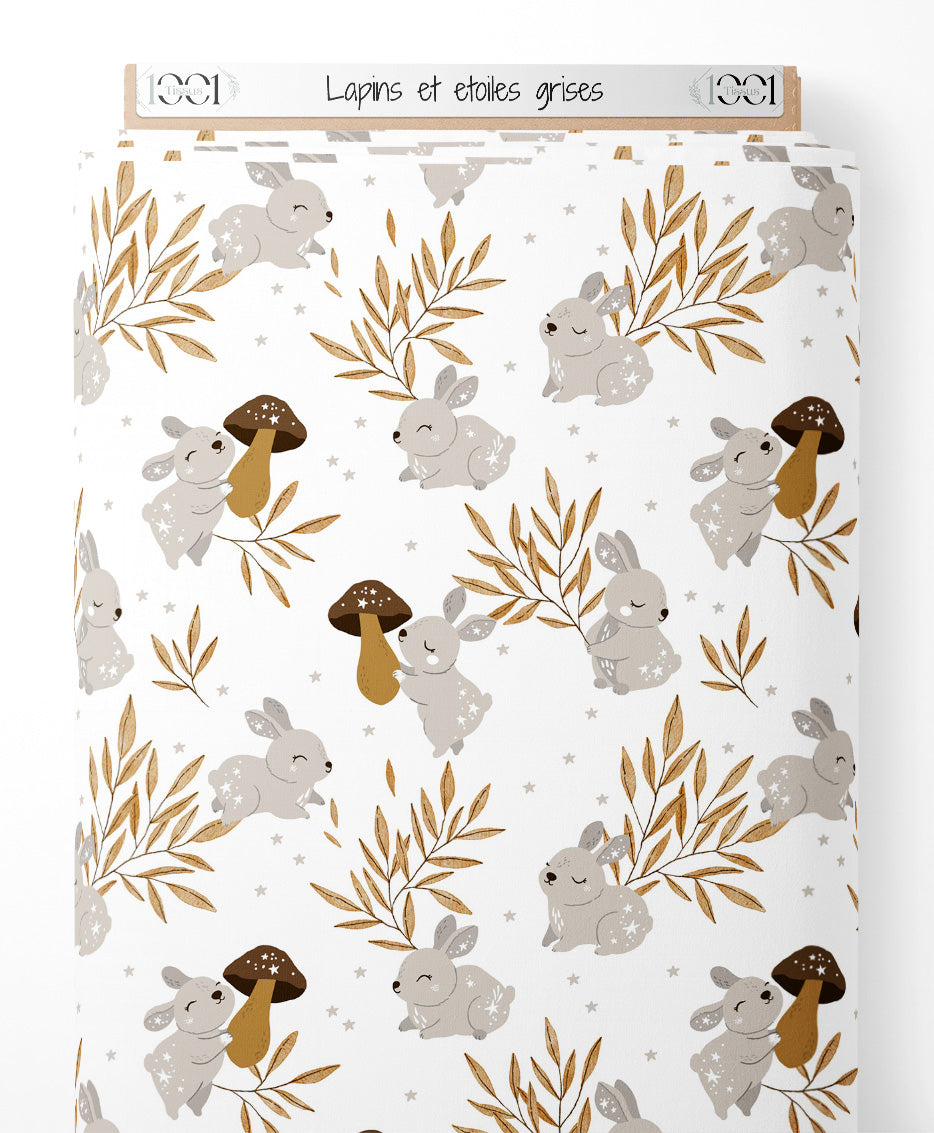 Tissu - Lapins et étoiles grises