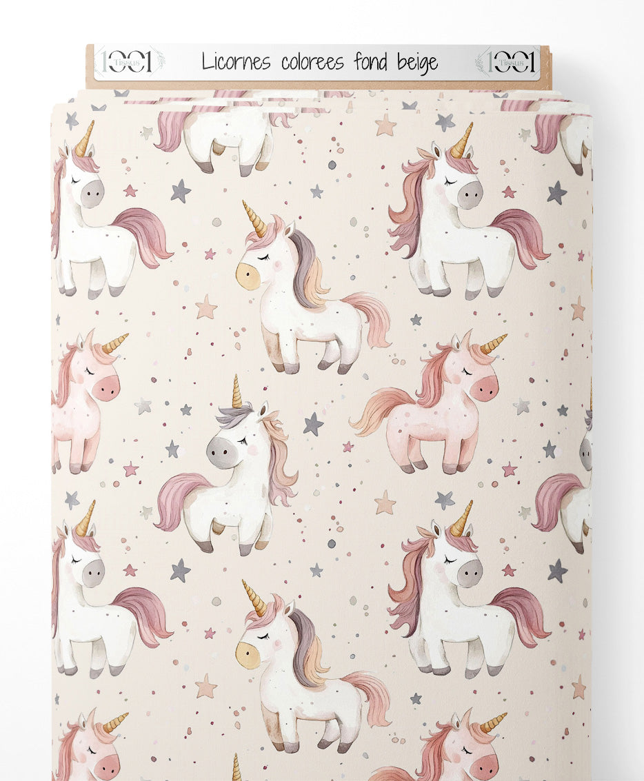 Tissu - Licornes colorées sur fond beige