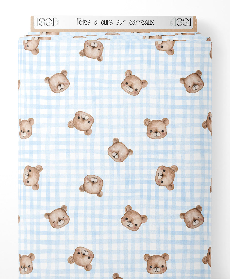 Tissu - Têtes d'ours sur carreaux