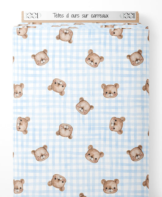 Tissu - Têtes d'ours sur carreaux