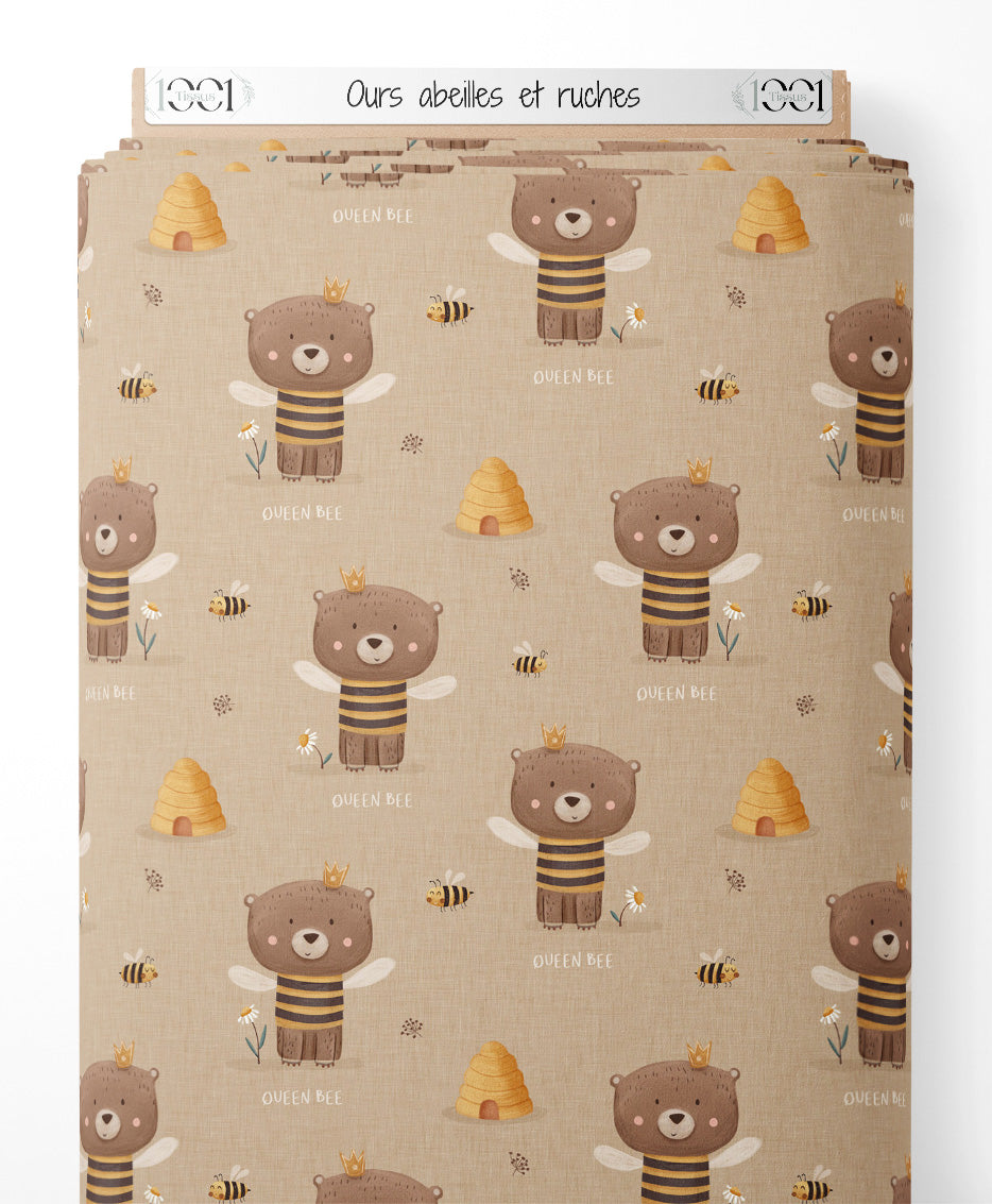 Tissu - Ours abeilles et ruches