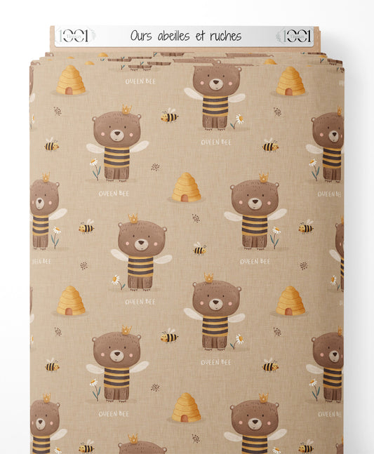 Tissu - Ours abeilles et ruches
