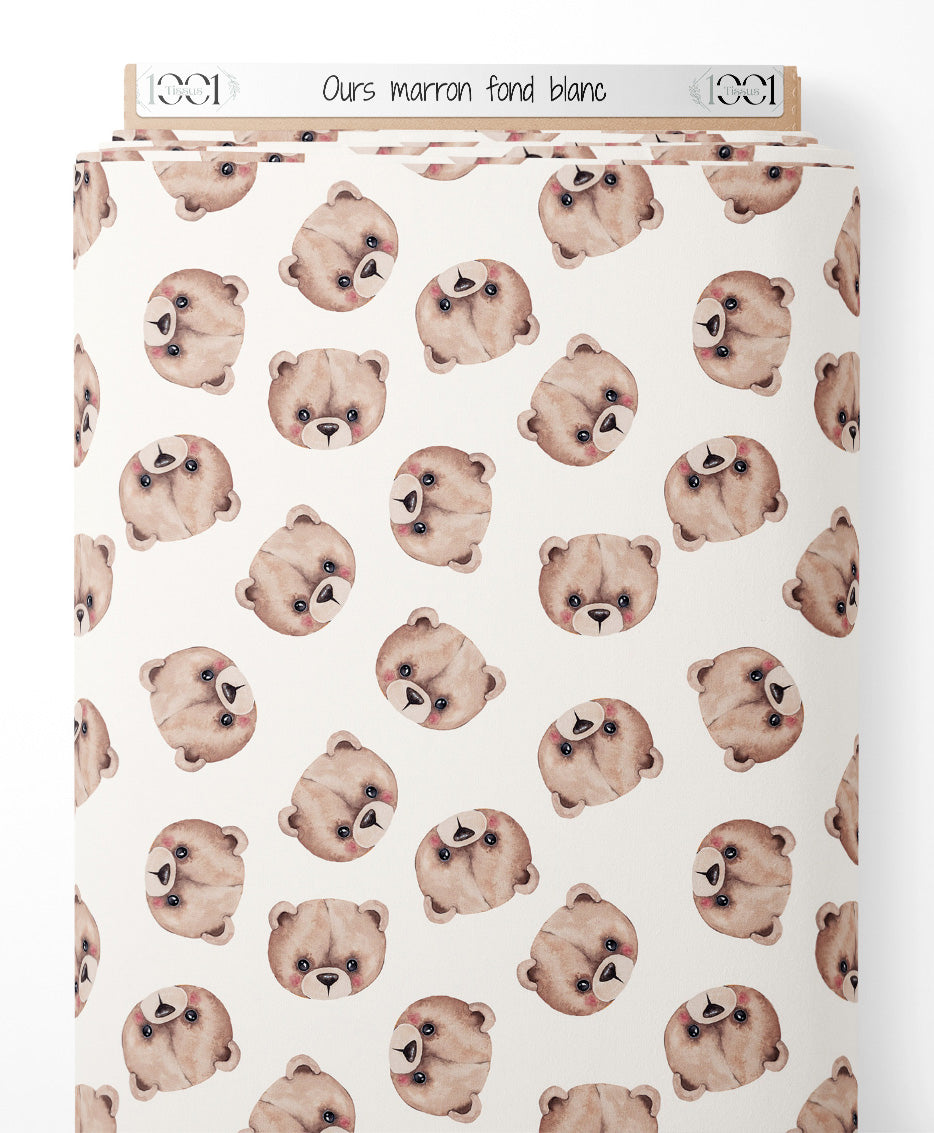 Tissu - Ours marron sur fond blanc