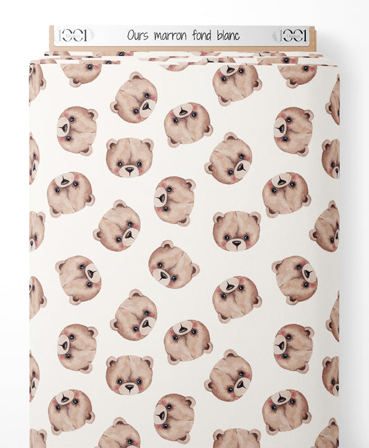 Tissu - Ours marron sur fond blanc