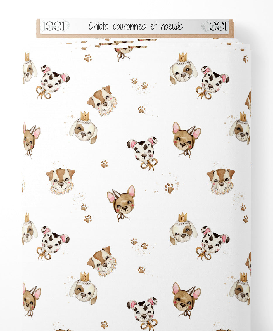 Tissu - Chiots couronnés et nœuds