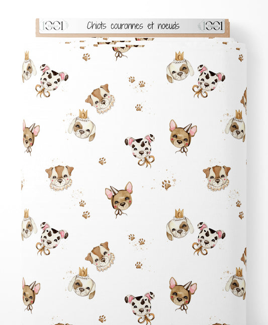 Tissu - Chiots couronnés et nœuds