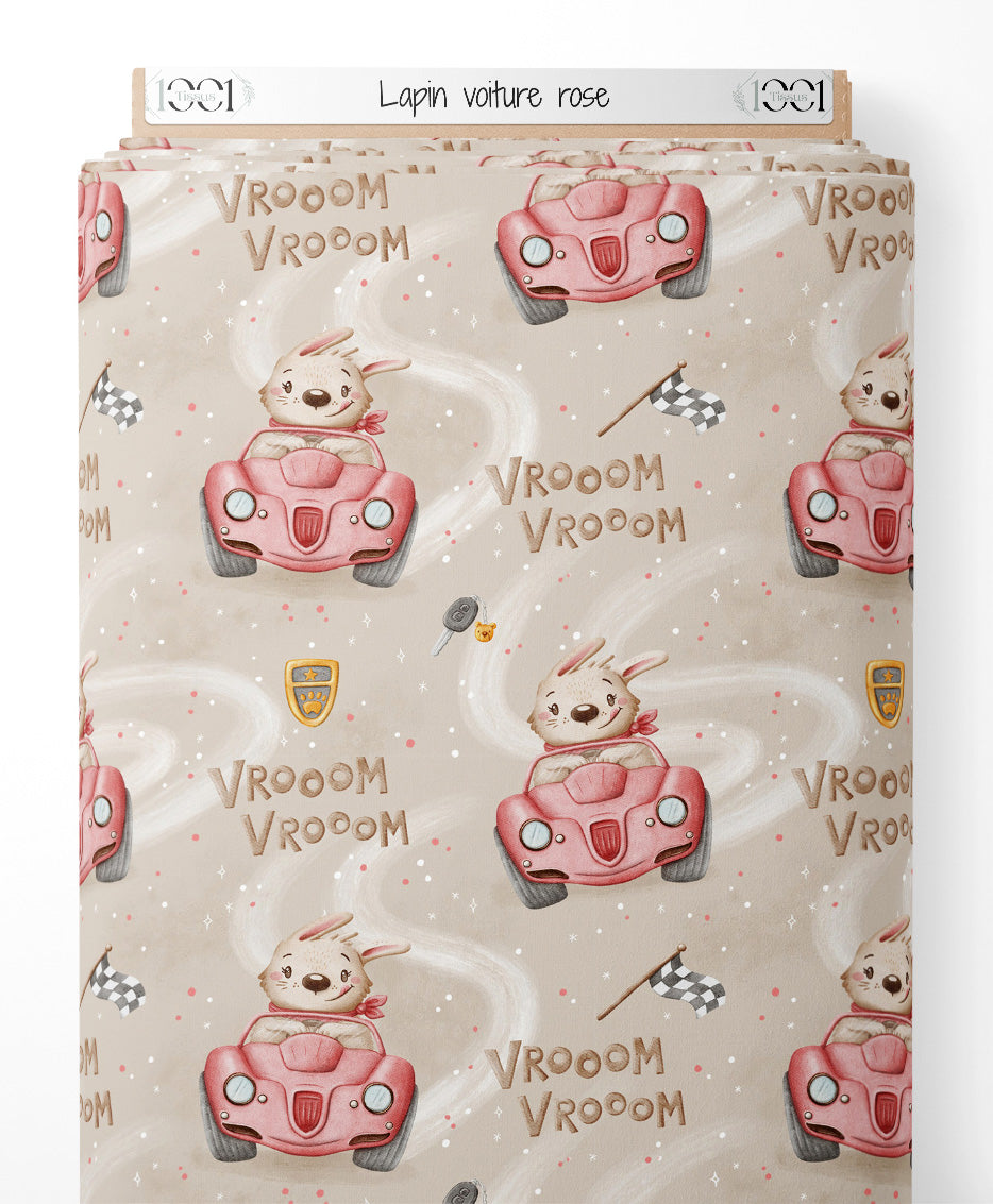 Tissu - Lapin voiture rose