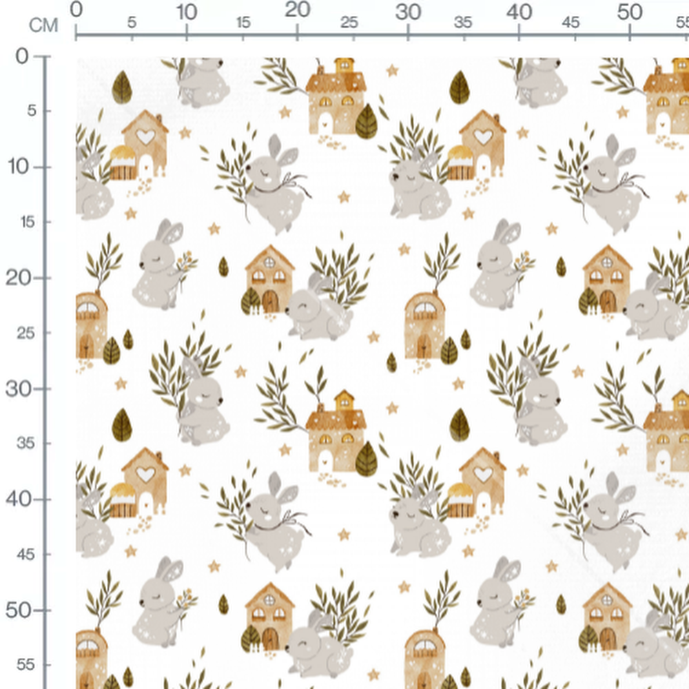 Tissu - Lapins et maisons féeriques