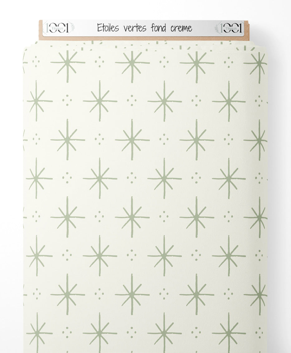 Tissu - Étoiles vertes sur fond crème