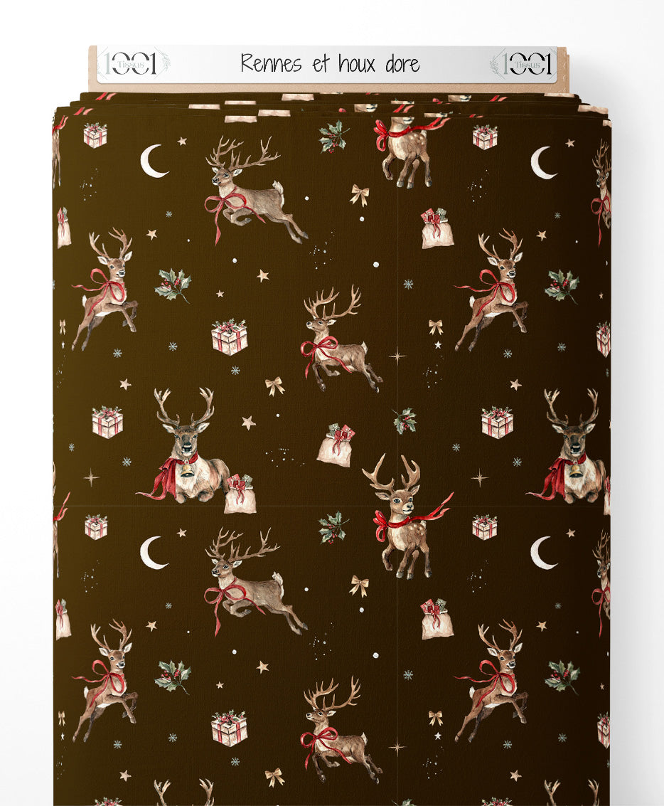 Tissu - Rennes et houx doré