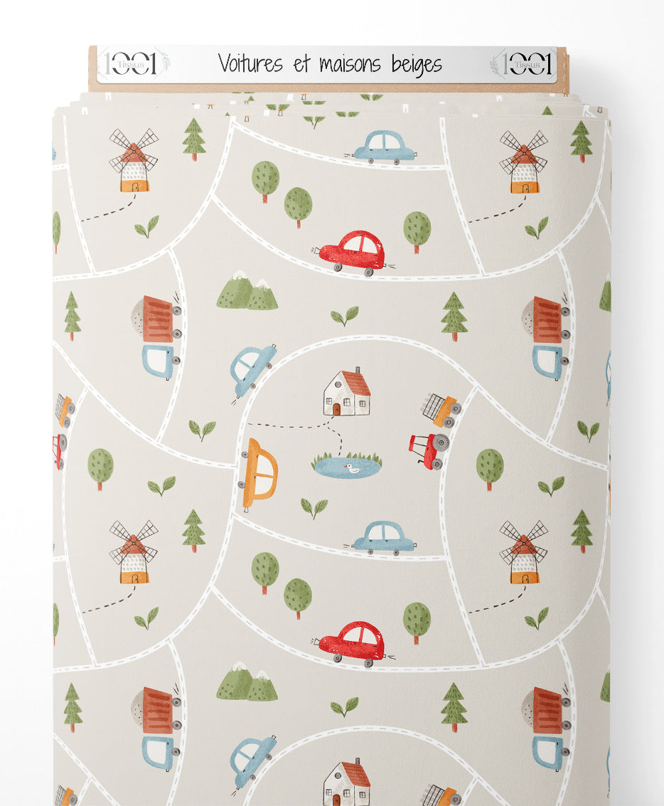 Tissu - Voitures et maisons beiges