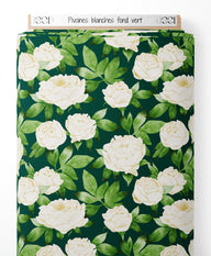 Tissu - Pivoines blanches sur fond vert